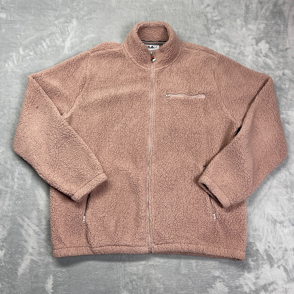 FILA Sherpa Fleece Jacket Mens XL Pink Zipped Pockets Long Sleeve Full Zip Logo